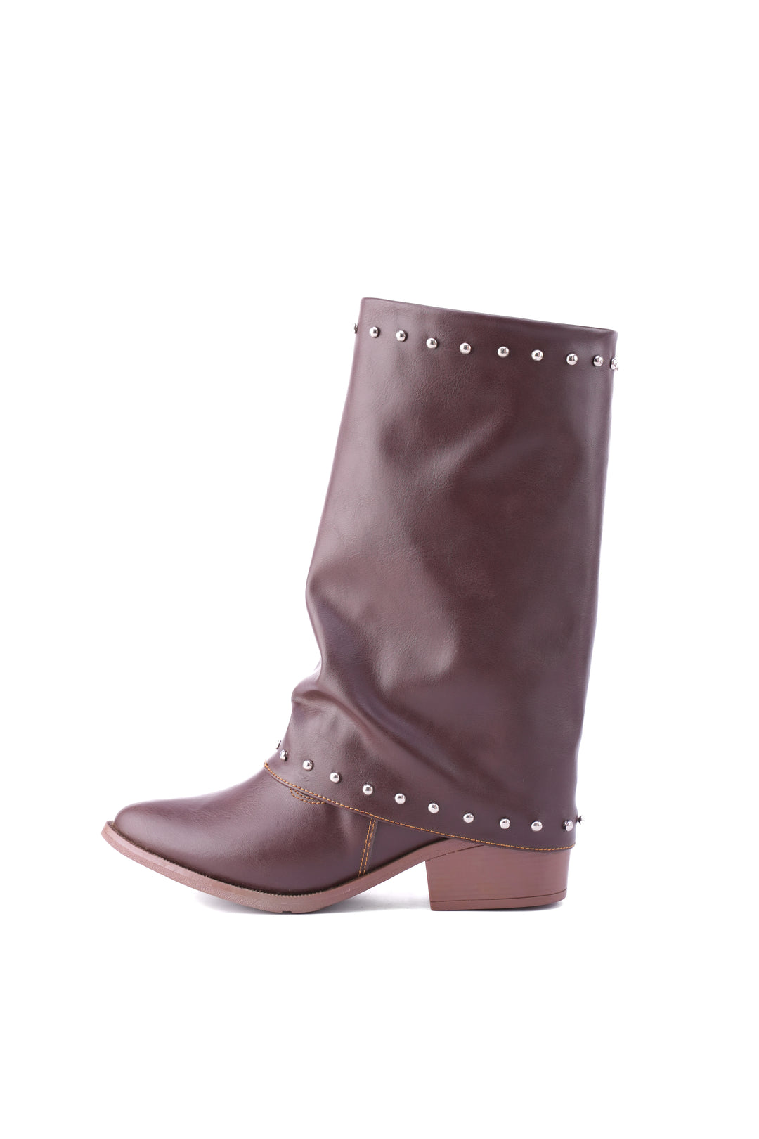 Faux Leather Studded Mid-Calf Slouch Boots |  Brown