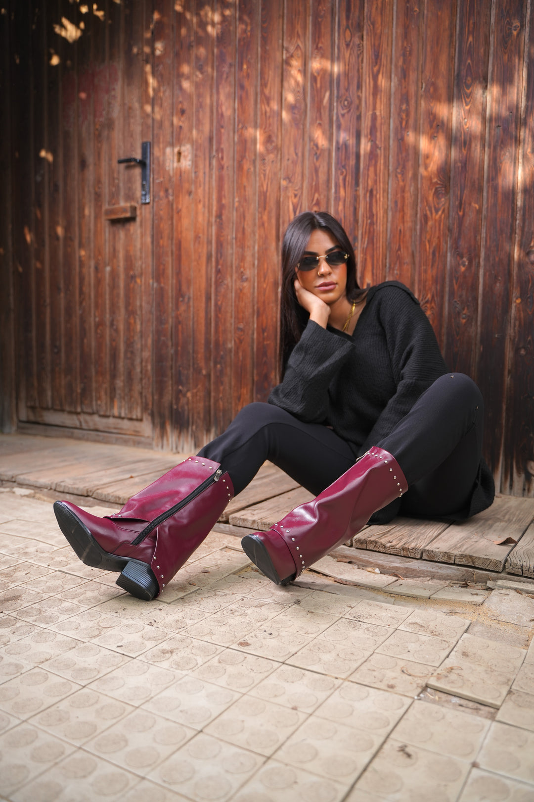 Faux Leather Studded Mid-Calf Slouch Boots |  Burgundy