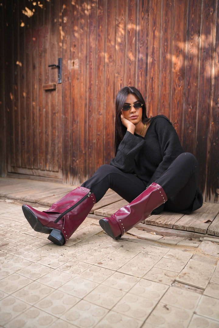 Faux Leather Studded Mid-Calf Slouch Boots |  Burgundy