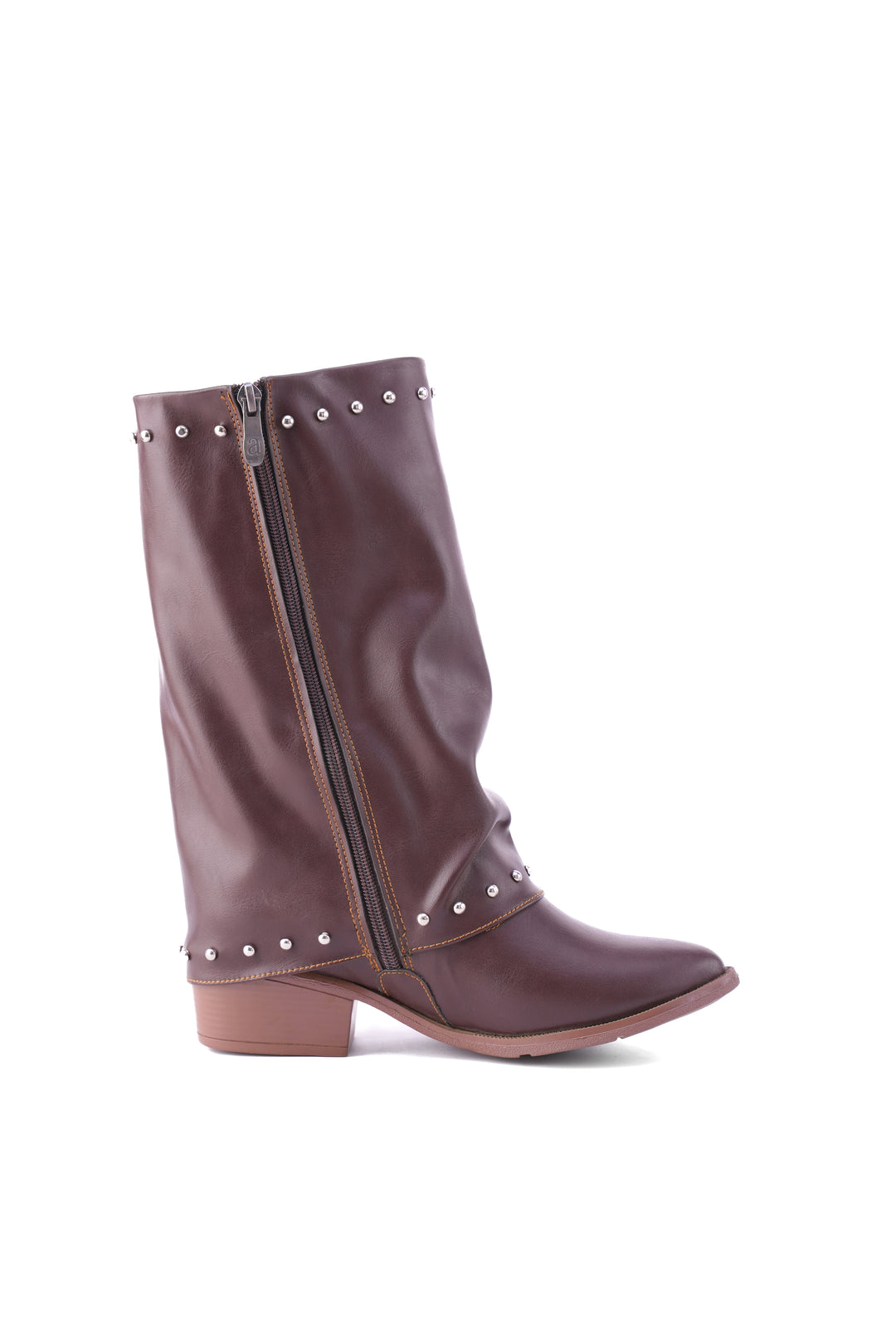 Faux Leather Studded Mid-Calf Slouch Boots |  Brown