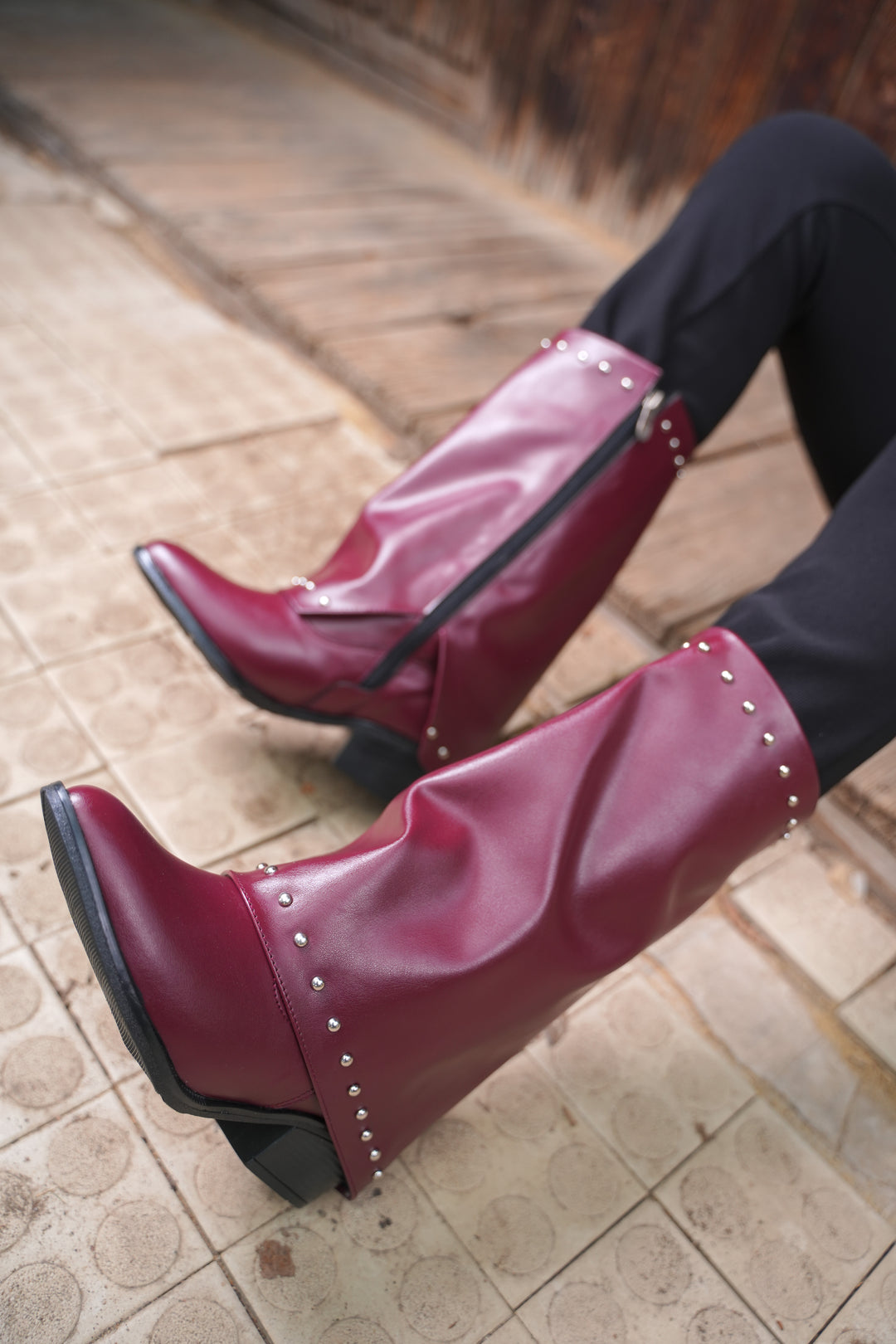 Faux Leather Studded Mid-Calf Slouch Boots |  Burgundy