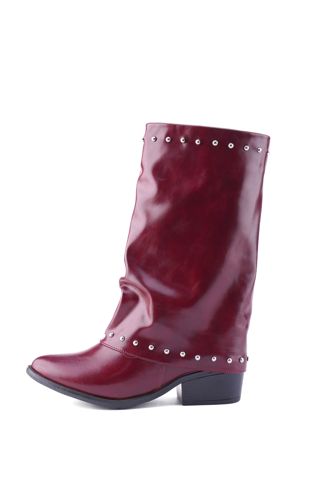 Faux Leather Studded Mid-Calf Slouch Boots |  Burgundy