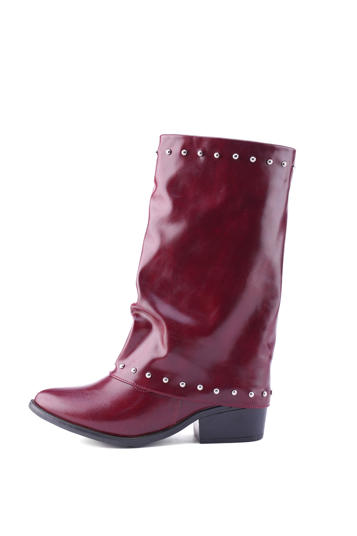 Faux Leather Studded Mid-Calf Slouch Boots |  Burgundy