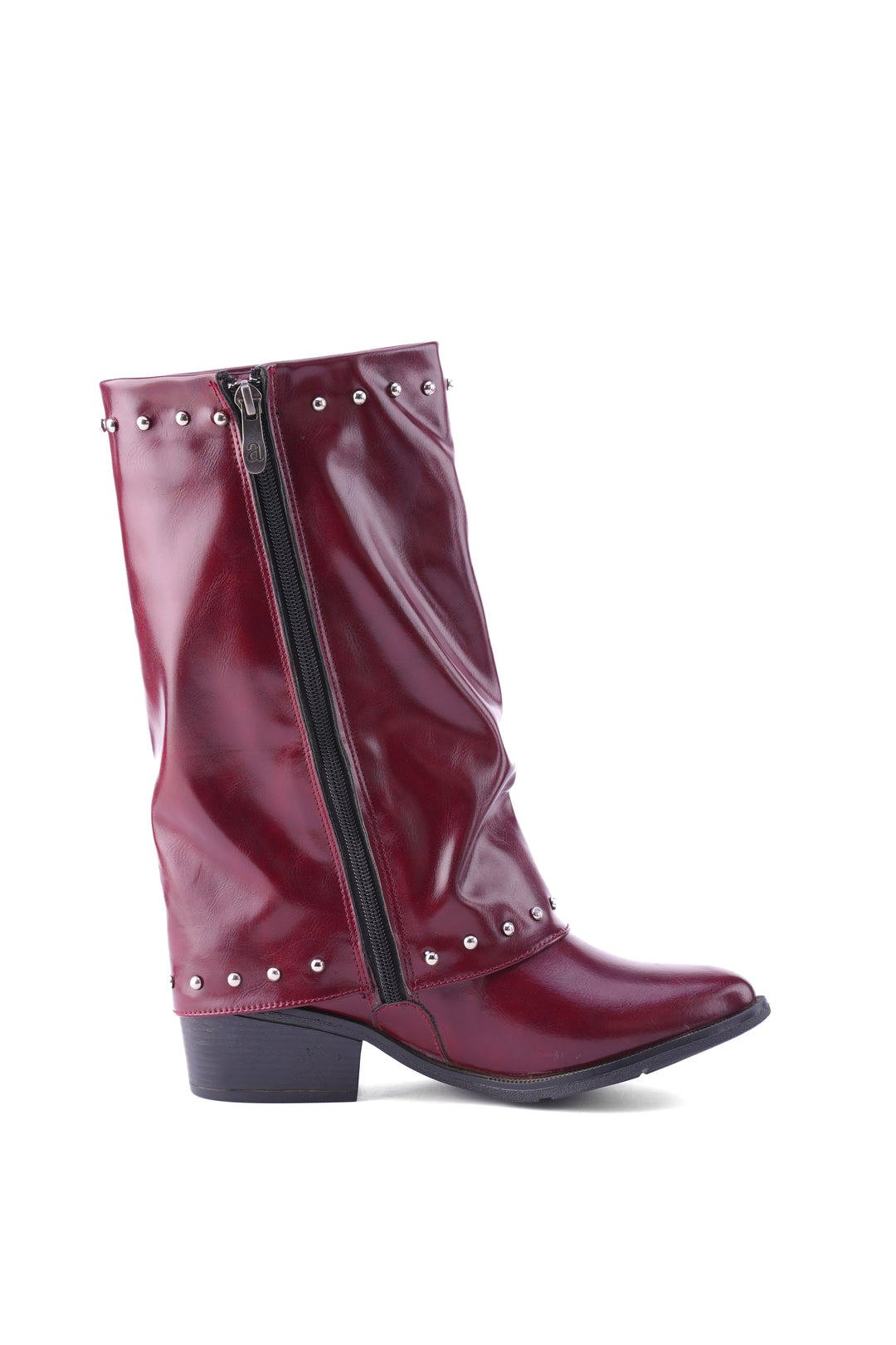 Faux Leather Studded Mid-Calf Slouch Boots |  Burgundy