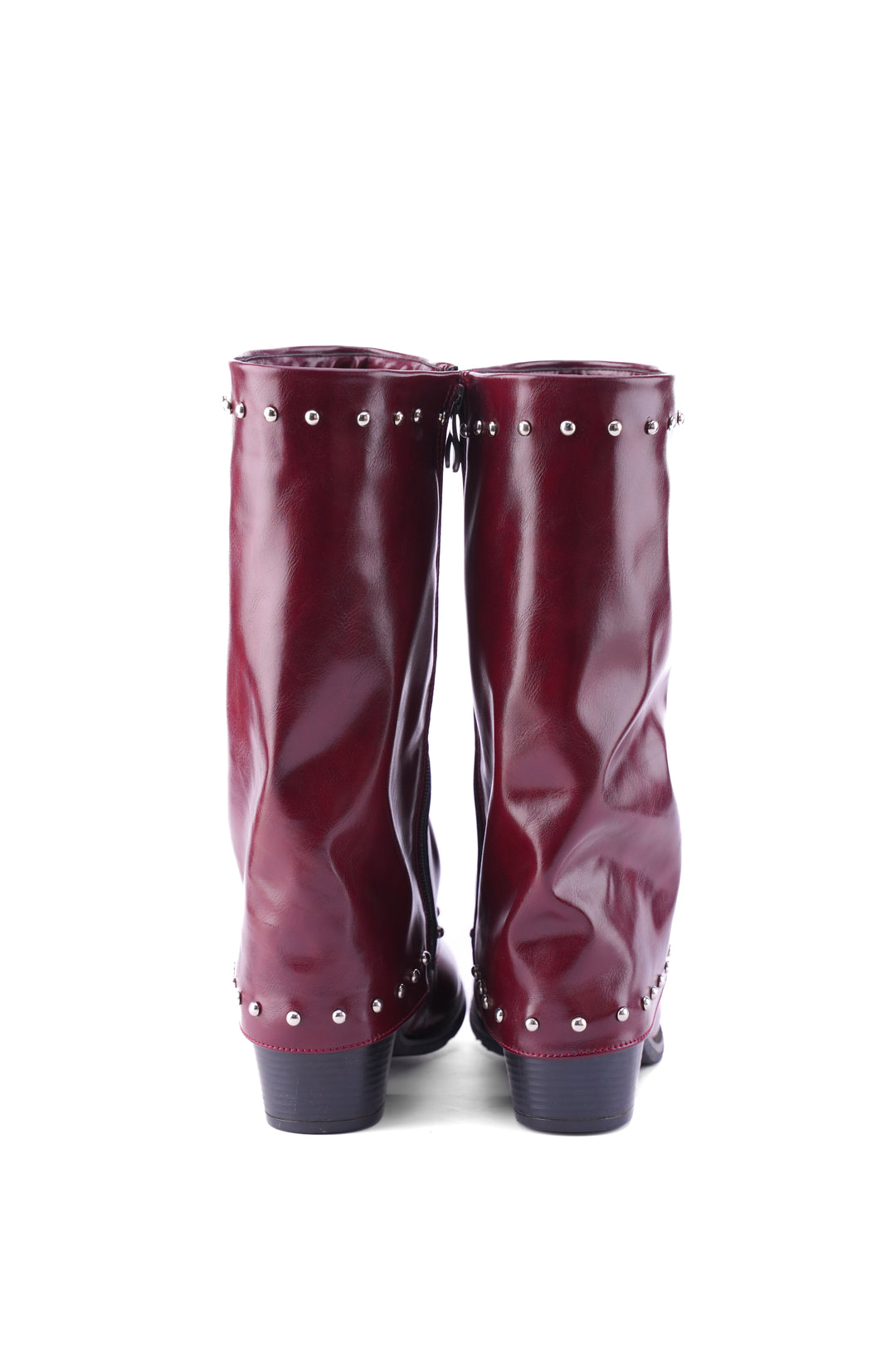 Faux Leather Studded Mid-Calf Slouch Boots |  Burgundy
