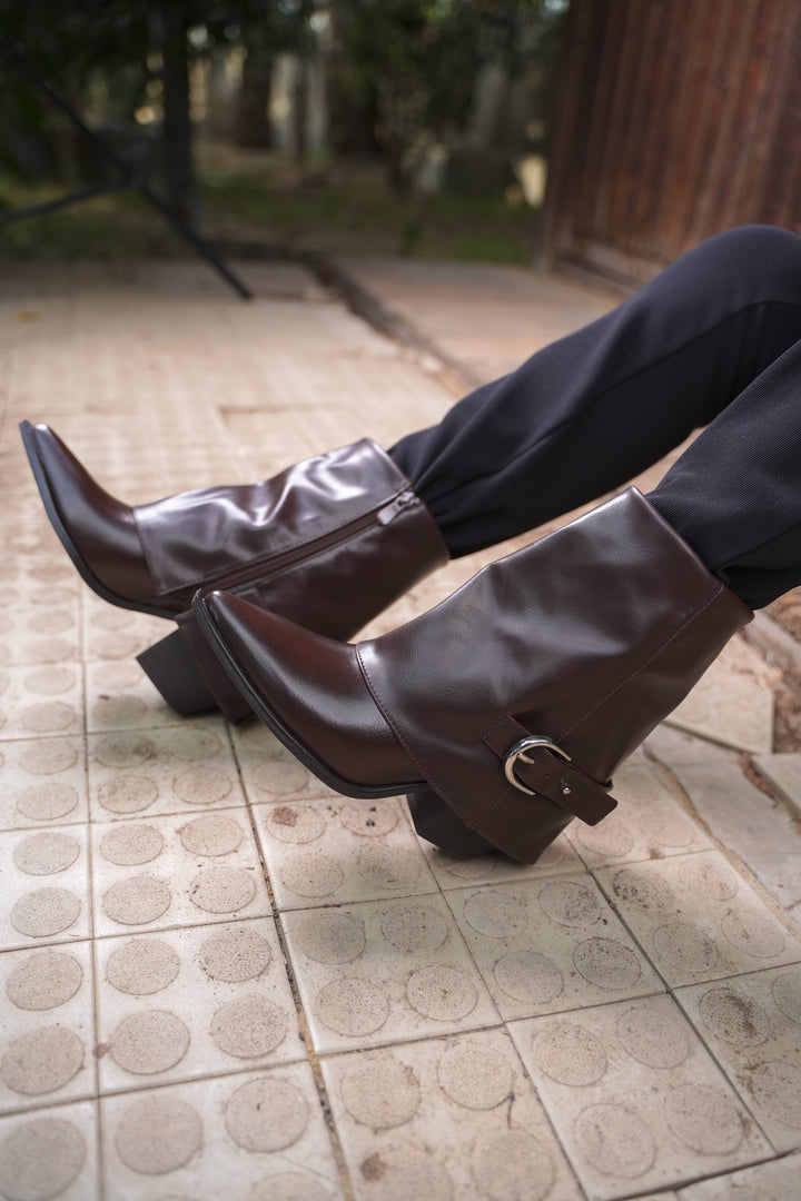 Classic Black Buckle Leather Ankle Boots | Brown