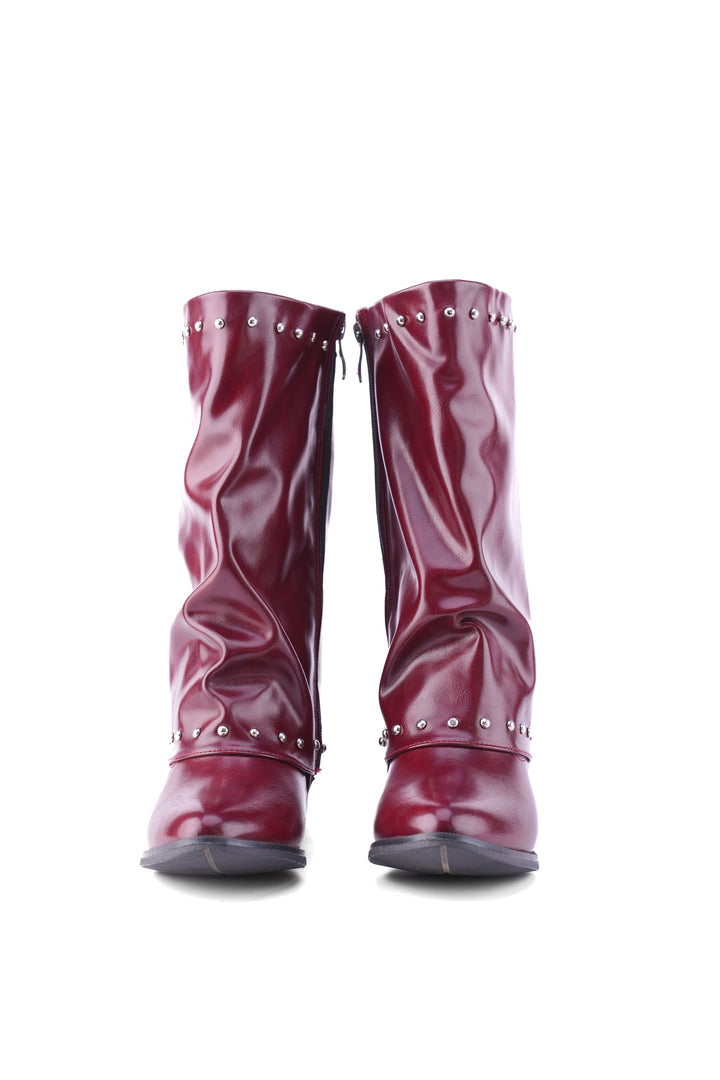 Faux Leather Studded Mid-Calf Slouch Boots |  Burgundy