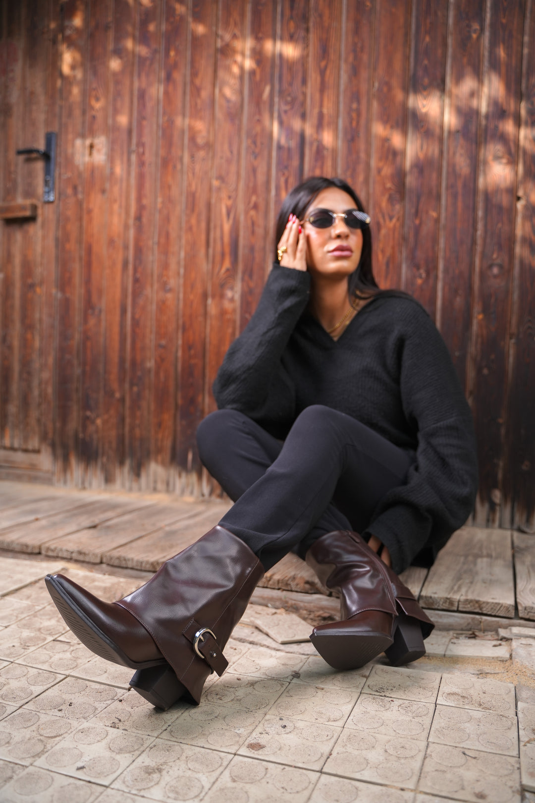 Classic Black Buckle Leather Ankle Boots | Brown