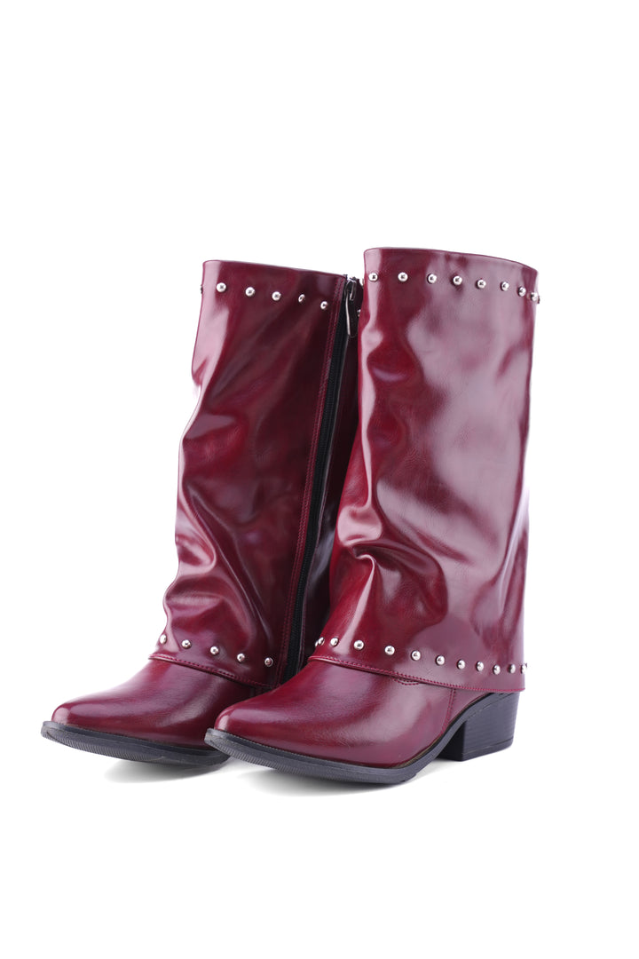 Faux Leather Studded Mid-Calf Slouch Boots |  Burgundy