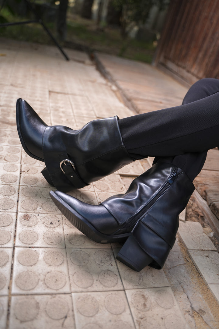 Classic Black Buckle Leather Ankle Boots | Black
