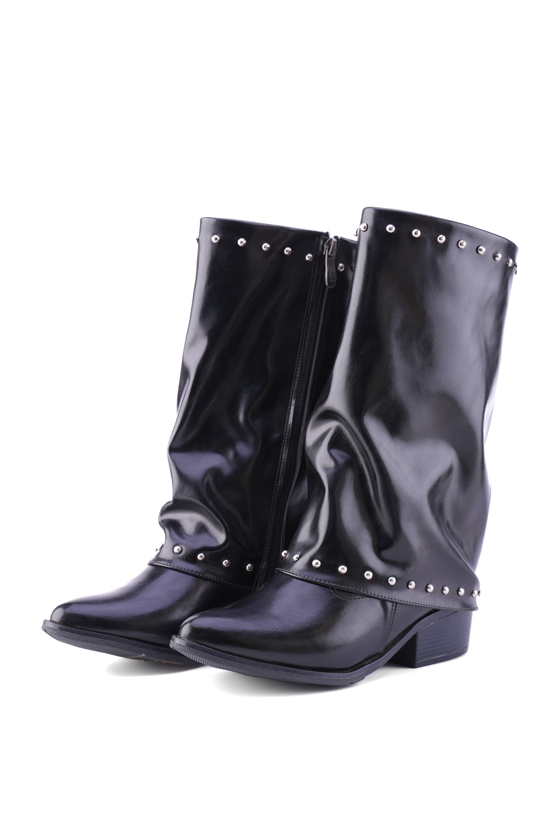 Faux Leather Studded Mid-Calf Slouch Boots |  Black