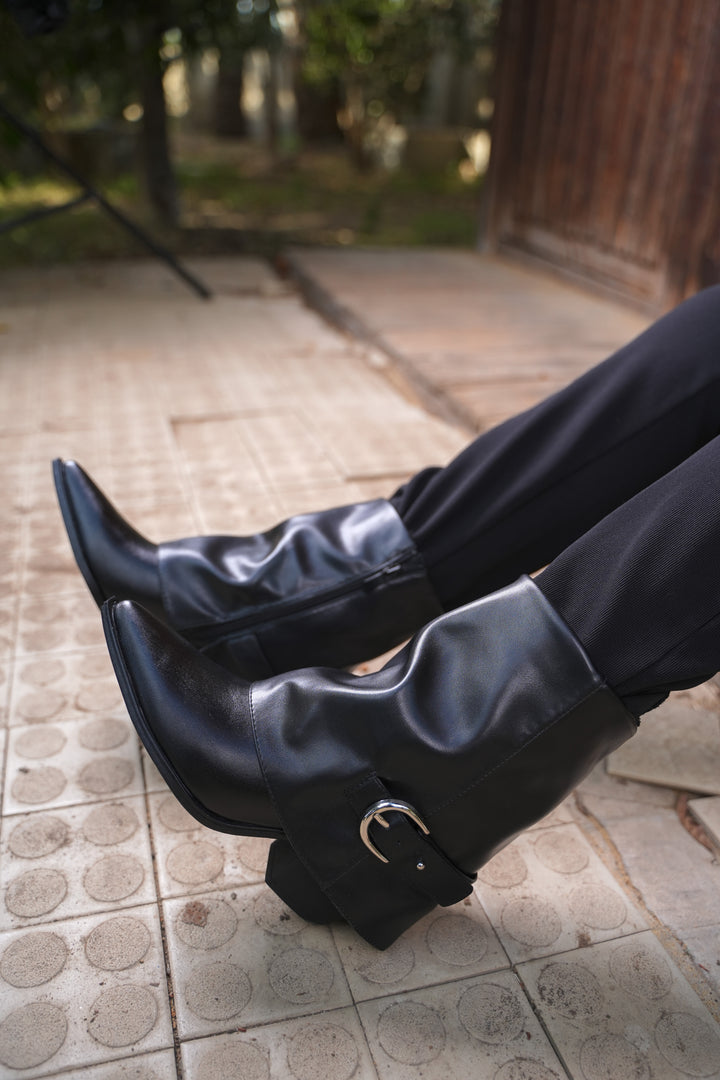 Classic Black Buckle Leather Ankle Boots | Black