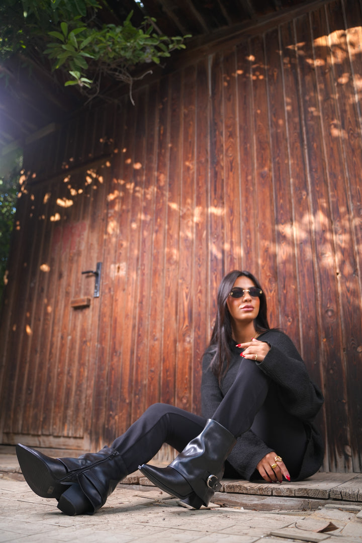 Classic Black Buckle Leather Ankle Boots | Black