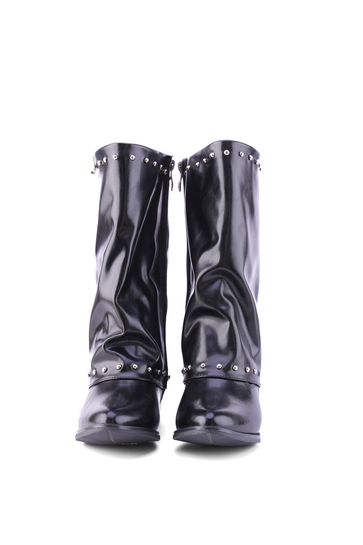 Faux Leather Studded Mid-Calf Slouch Boots |  Black