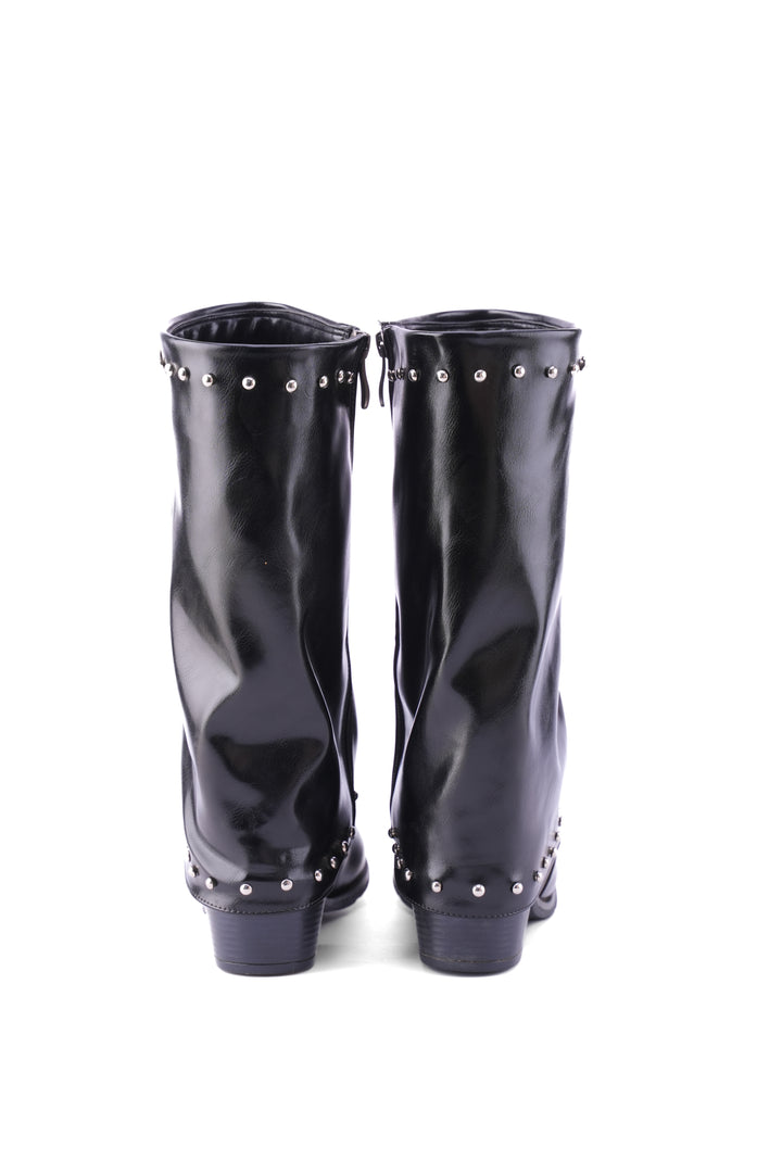 Faux Leather Studded Mid-Calf Slouch Boots |  Black