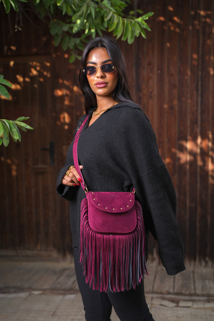 Crimson Fringe Suede Shoulder Bag - Burgundy