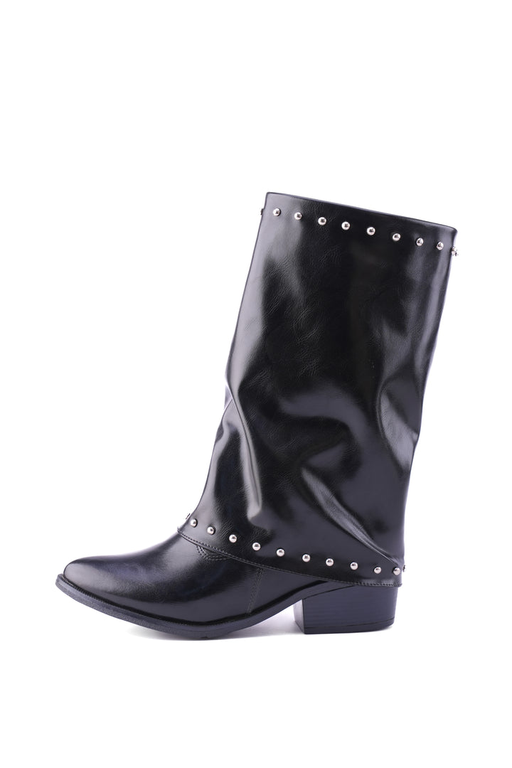 Faux Leather Studded Mid-Calf Slouch Boots |  Black