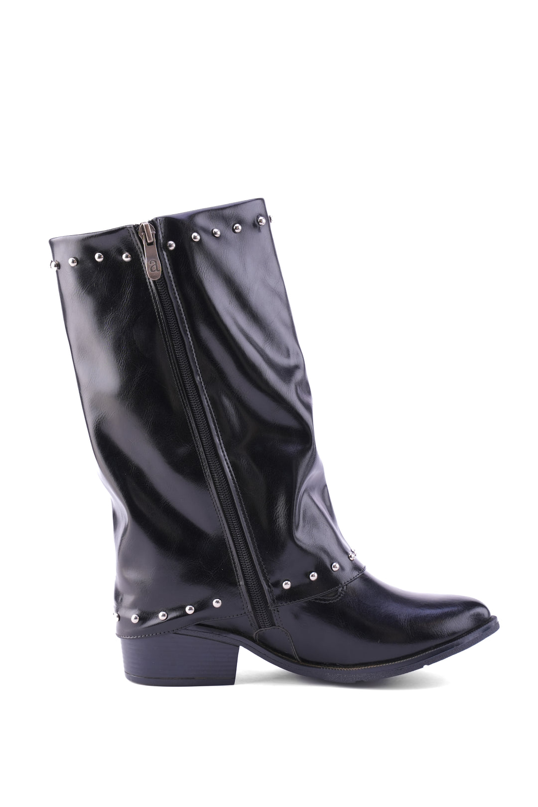 Faux Leather Studded Mid-Calf Slouch Boots |  Black
