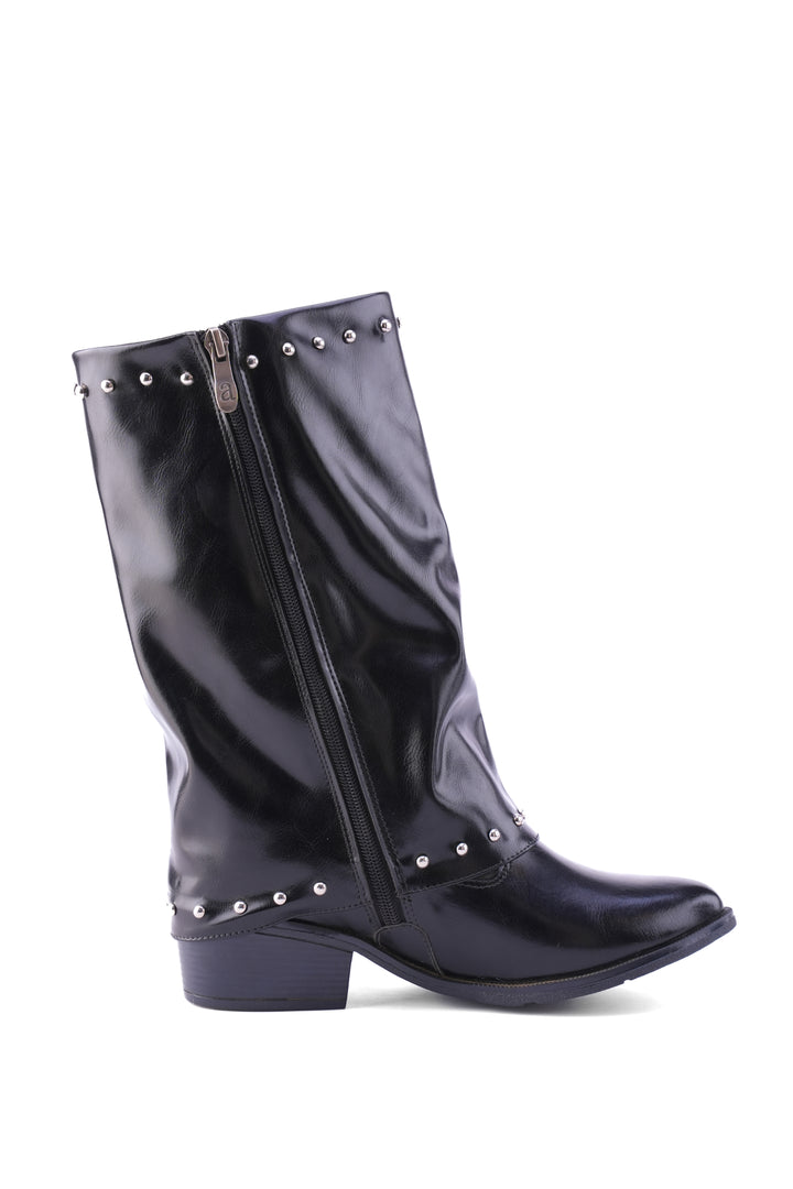 Faux Leather Studded Mid-Calf Slouch Boots |  Black