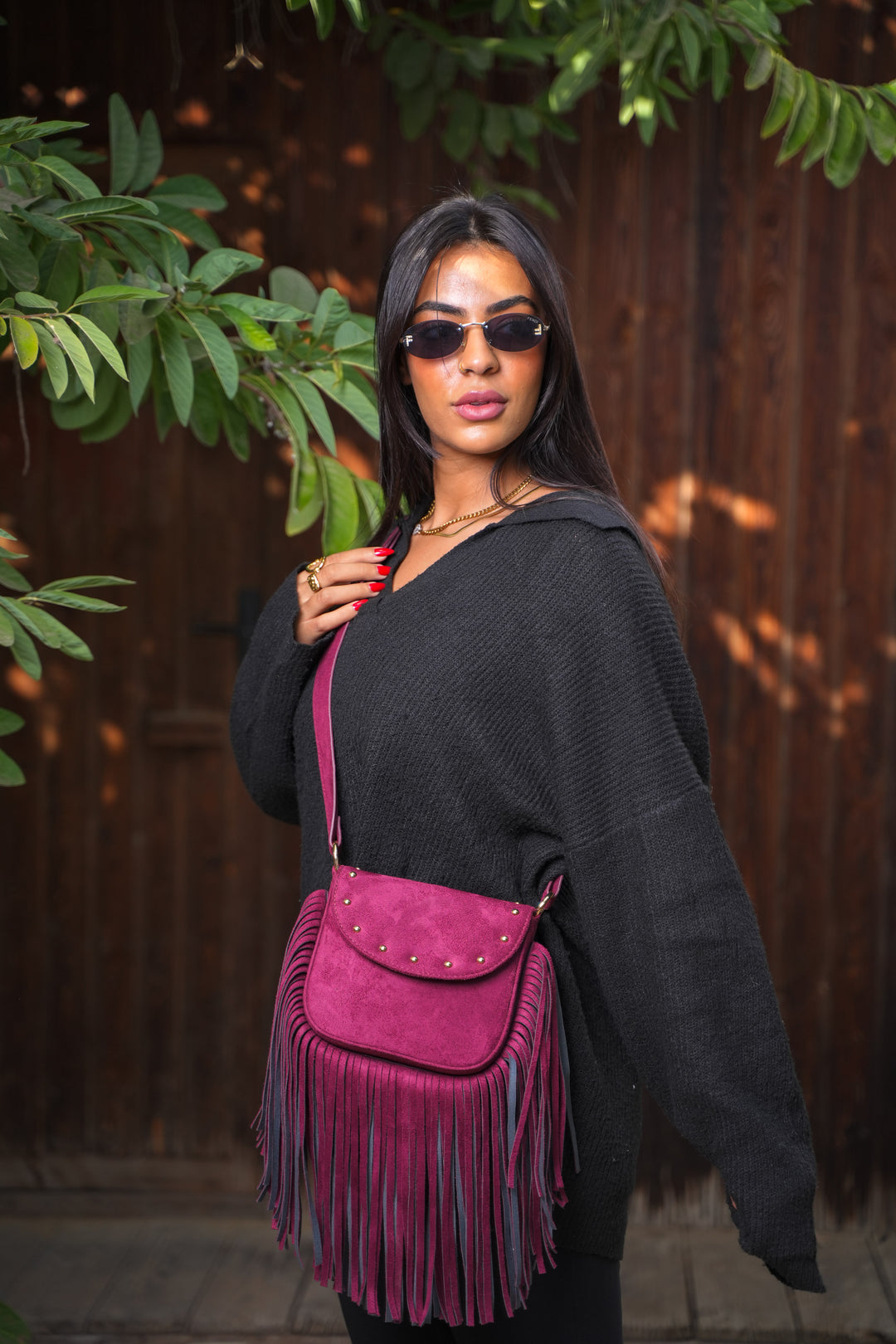 Crimson Fringe Suede Shoulder Bag - Burgundy