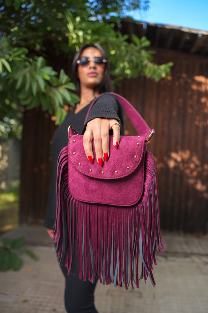Crimson Fringe Suede Shoulder Bag - Burgundy