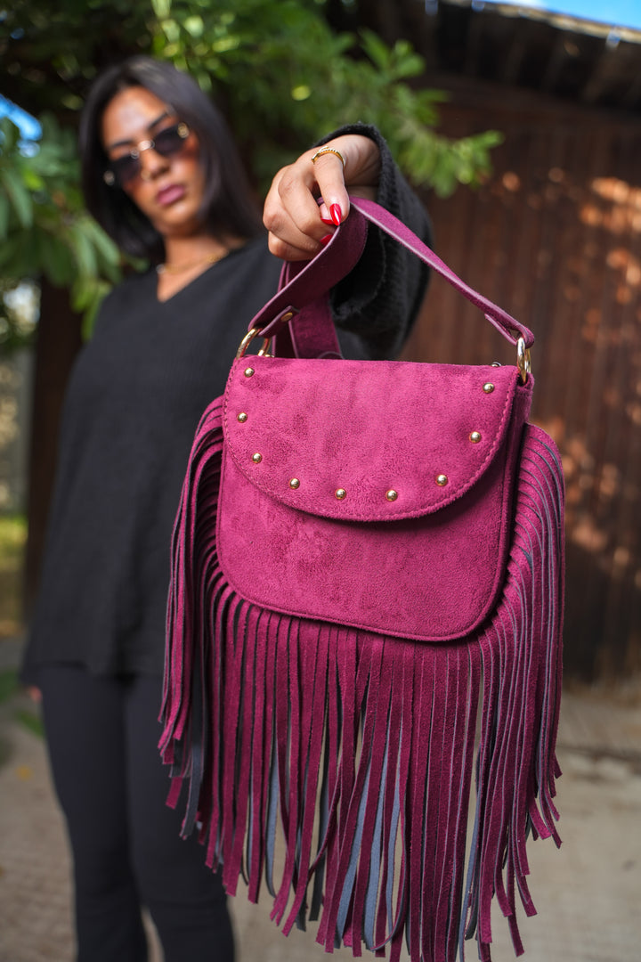 Crimson Fringe Suede Shoulder Bag - Burgundy