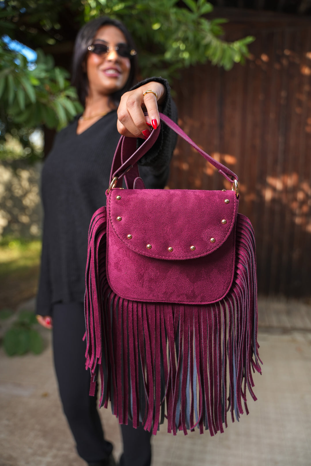 Crimson Fringe Suede Shoulder Bag - Burgundy