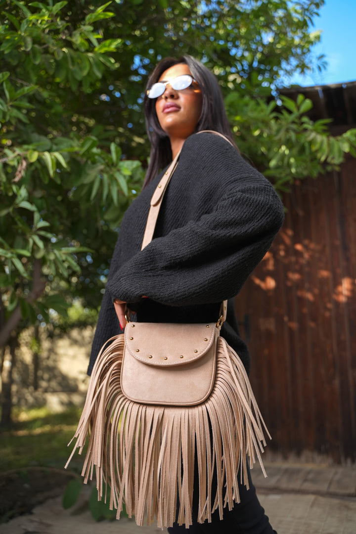 Crimson Fringe Suede Shoulder Bag - Beige