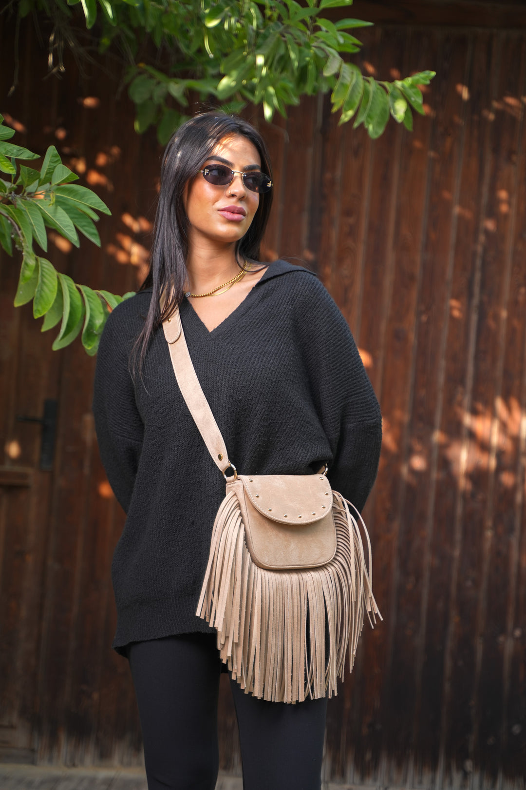 Crimson Fringe Suede Shoulder Bag - Beige