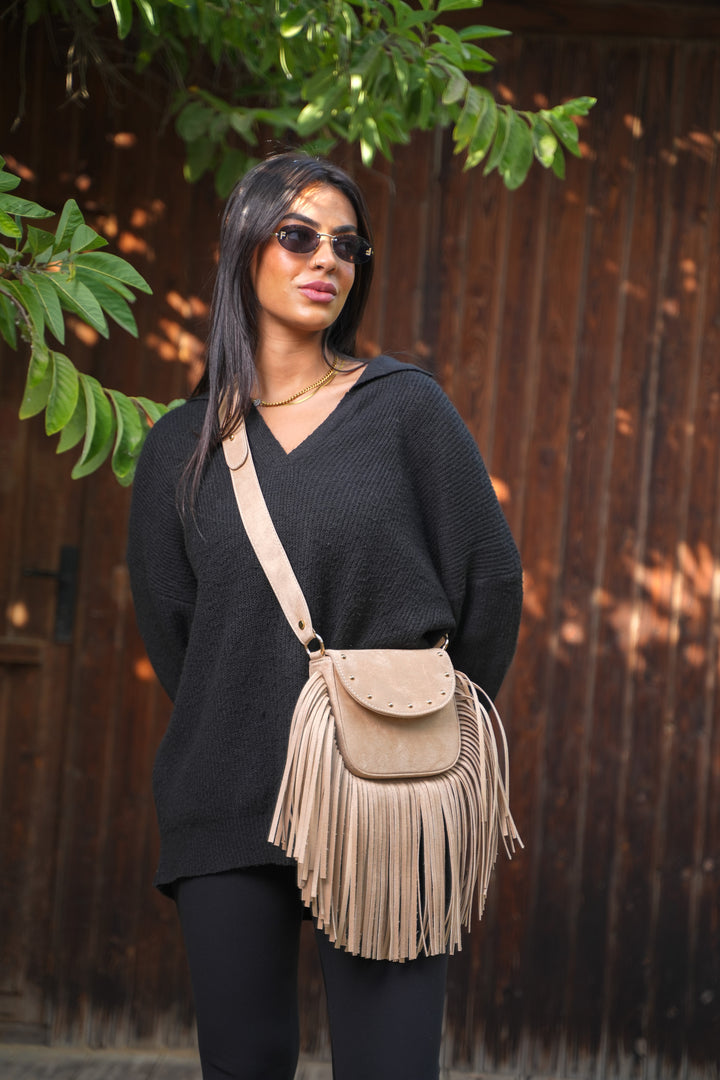 Crimson Fringe Suede Shoulder Bag - Beige