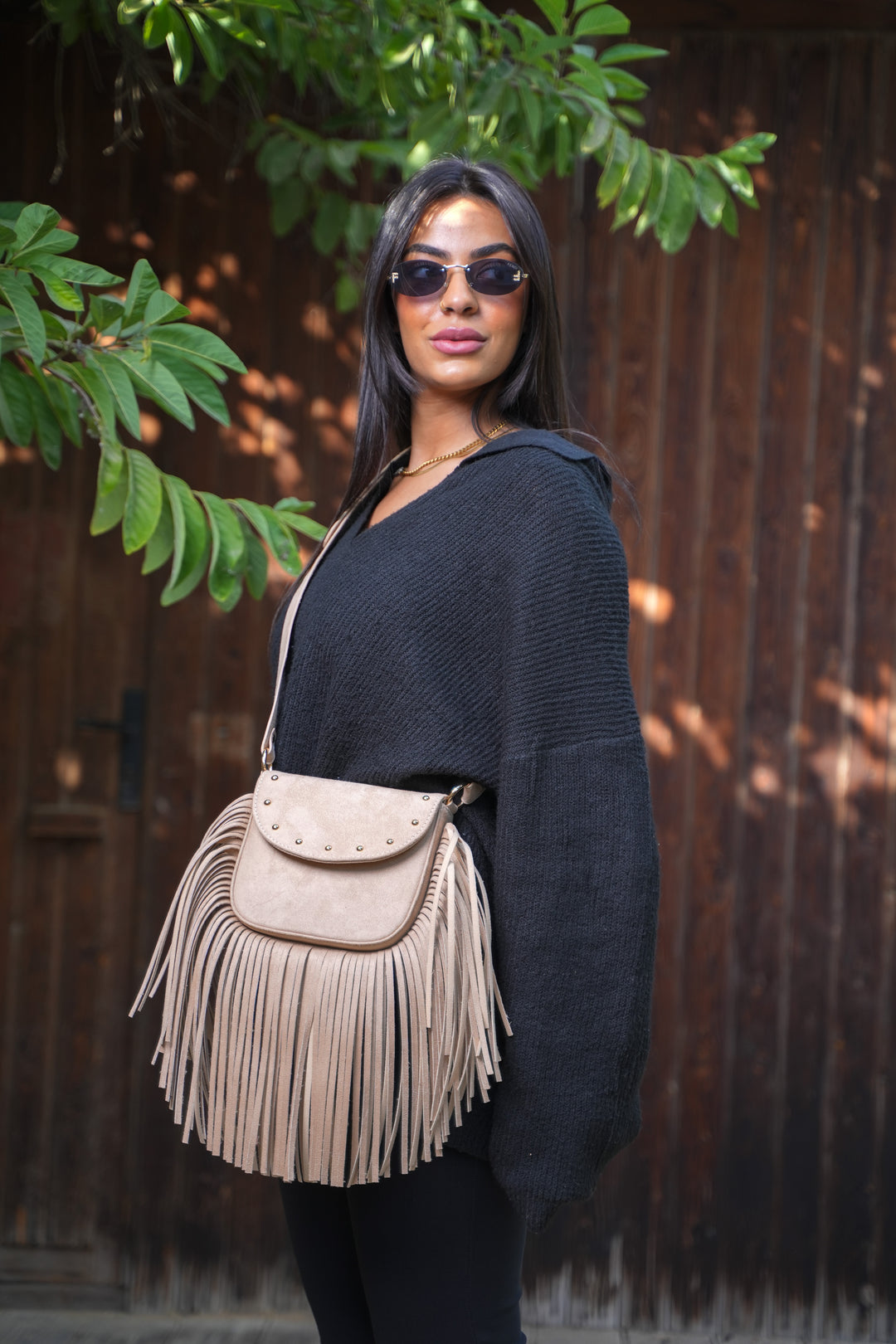 Crimson Fringe Suede Shoulder Bag - Beige