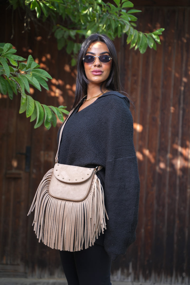 Crimson Fringe Suede Shoulder Bag - Beige
