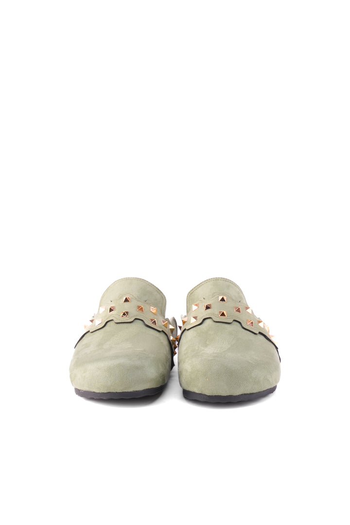 Mint Suede Slip-On Mules with Gold Studs
