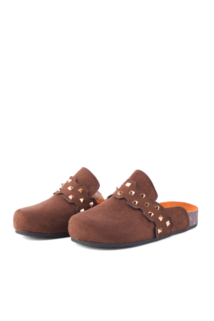 Dark Brown Suede Slip-On Mules with Gold Studs