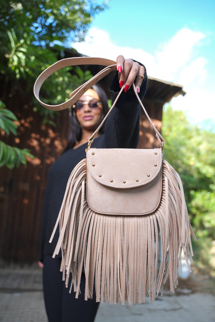Crimson Fringe Suede Shoulder Bag - Beige