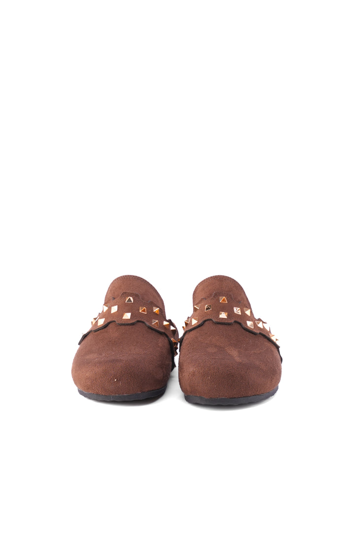 Dark Brown Suede Slip-On Mules with Gold Studs