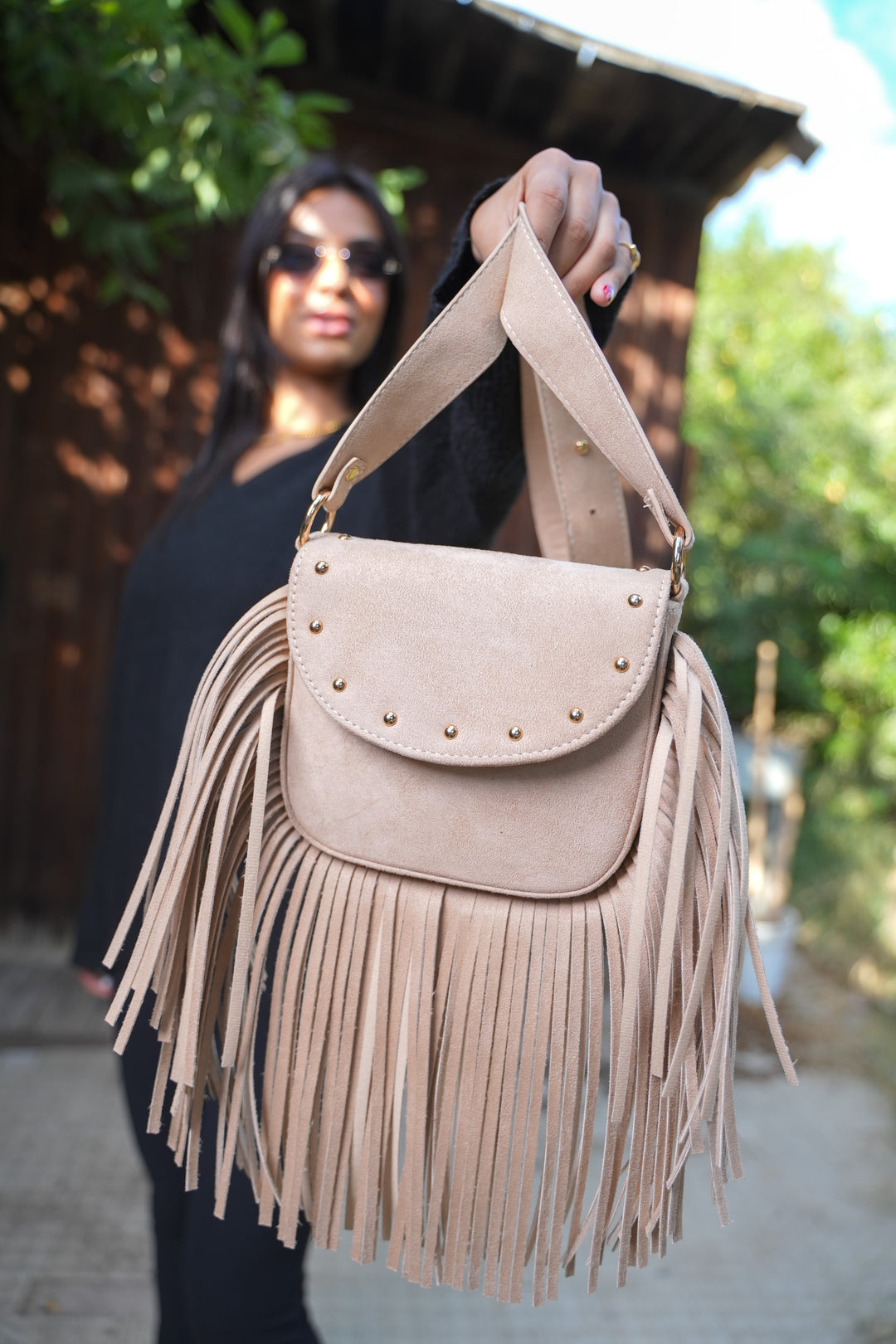 Crimson Fringe Suede Shoulder Bag - Beige