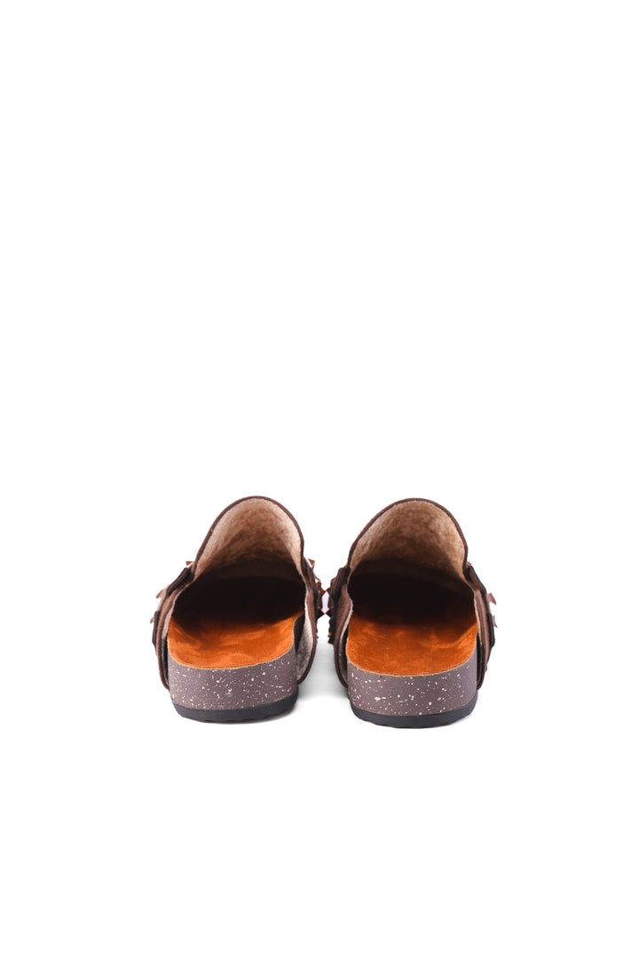 Dark Brown Suede Slip-On Mules with Gold Studs