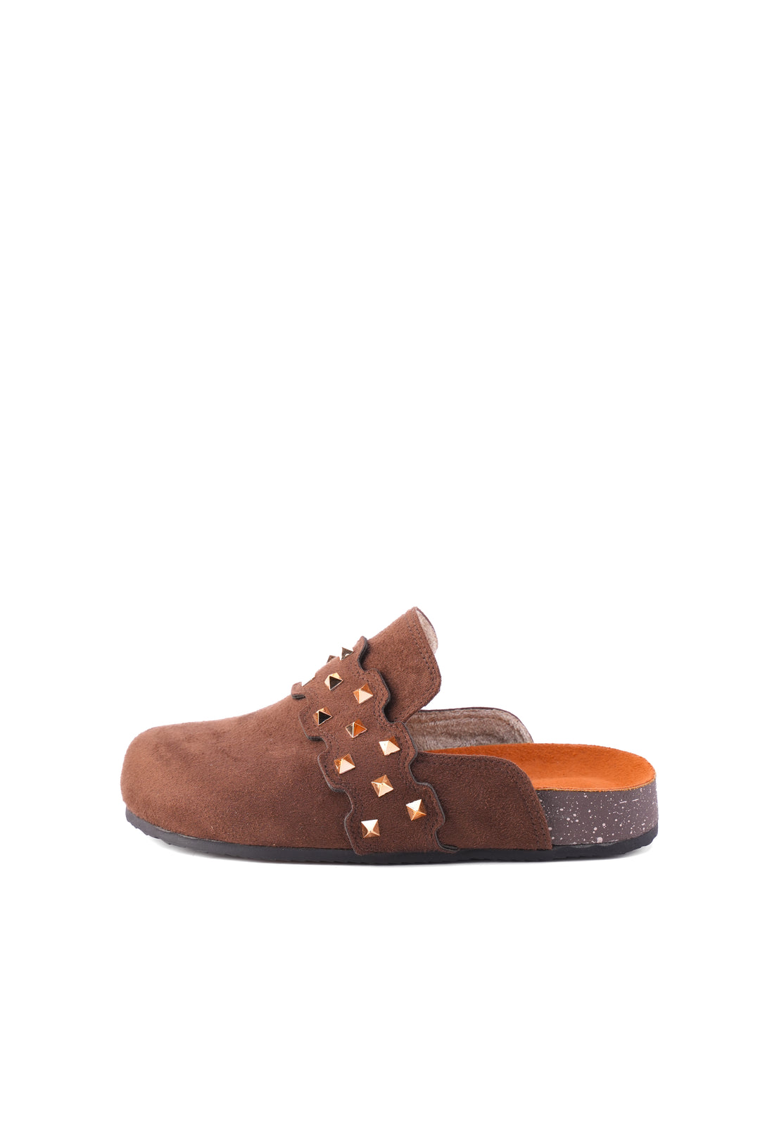 Dark Brown Suede Slip-On Mules with Gold Studs