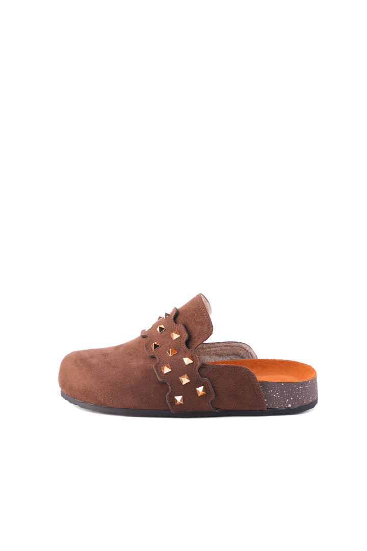 Dark Brown Suede Slip-On Mules with Gold Studs