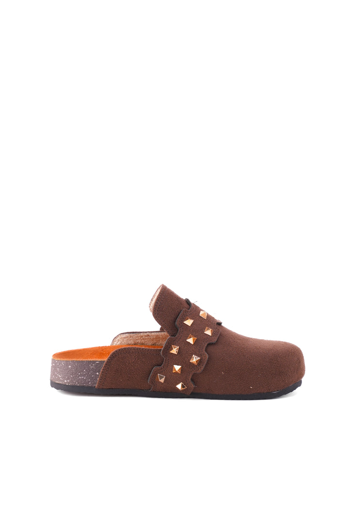 Dark Brown Suede Slip-On Mules with Gold Studs