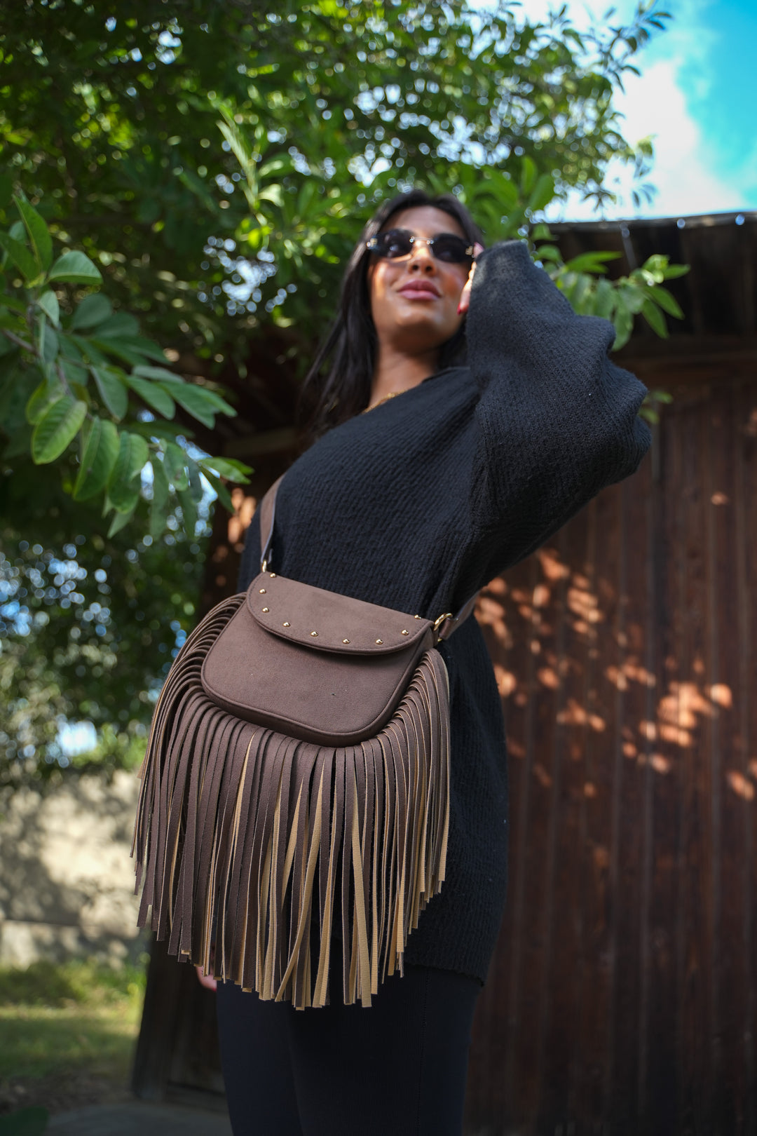 Crimson Fringe Suede Shoulder Bag - Brown