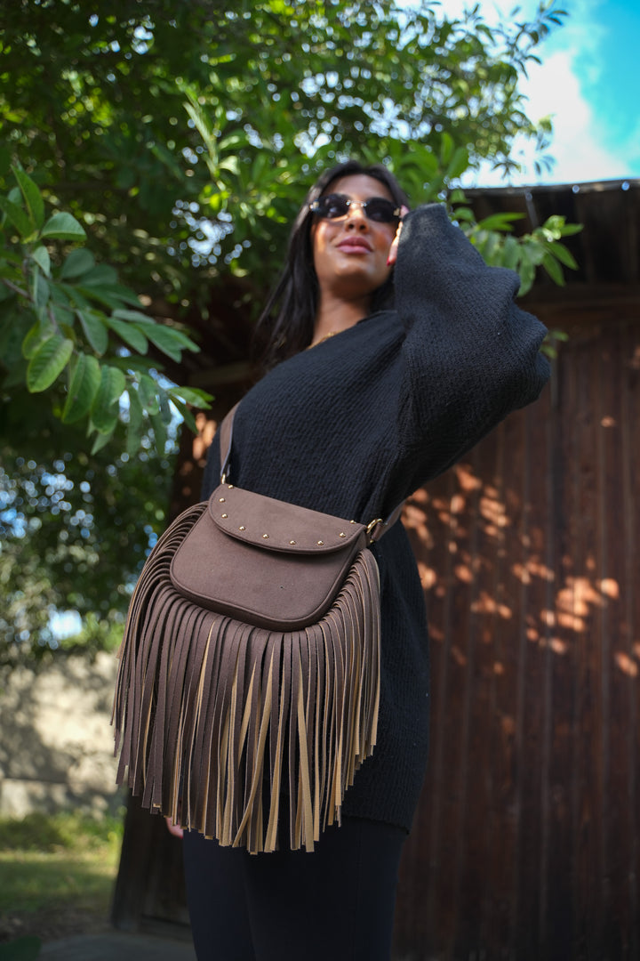 Crimson Fringe Suede Shoulder Bag - Brown