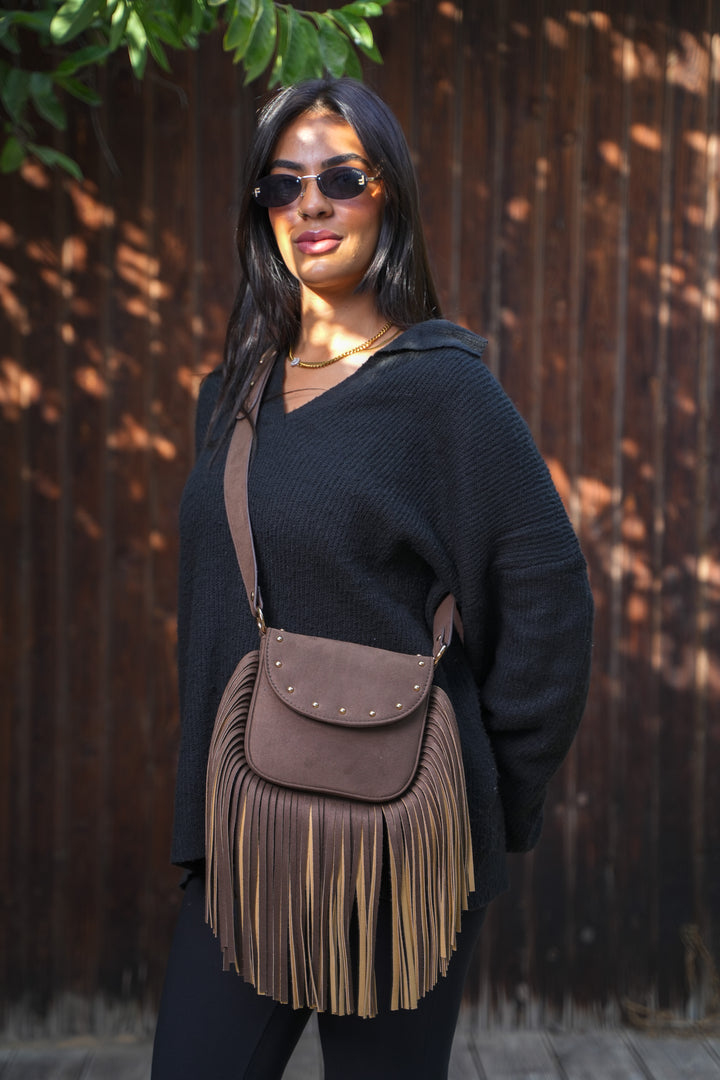 Crimson Fringe Suede Shoulder Bag - Brown