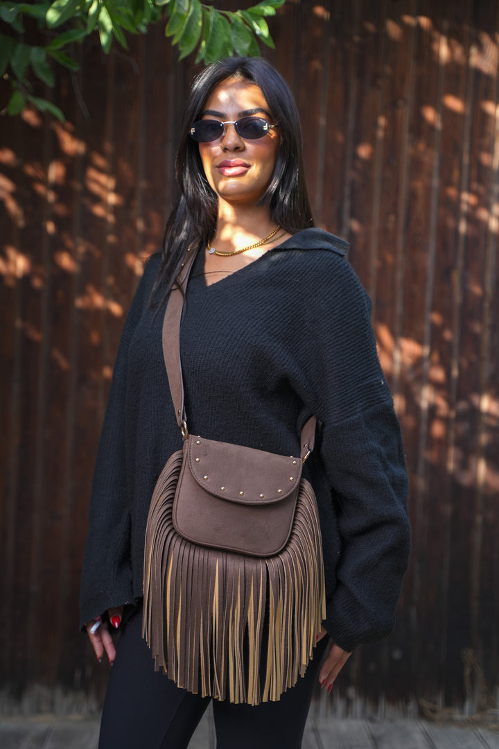 Crimson Fringe Suede Shoulder Bag - Brown