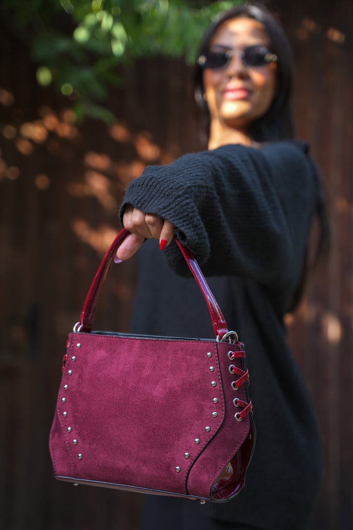 Lace-Up Handle Suede Handbag - Burgundy