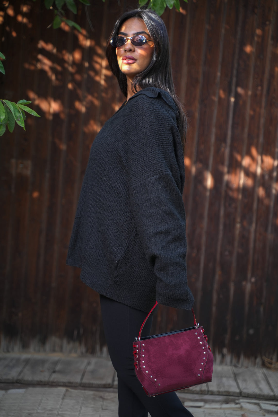 Lace-Up Handle Suede Handbag - Burgundy