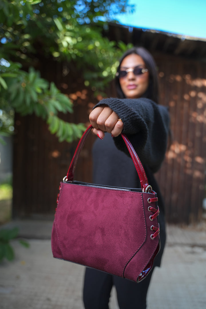 Lace-Up Handle Suede Handbag - Burgundy