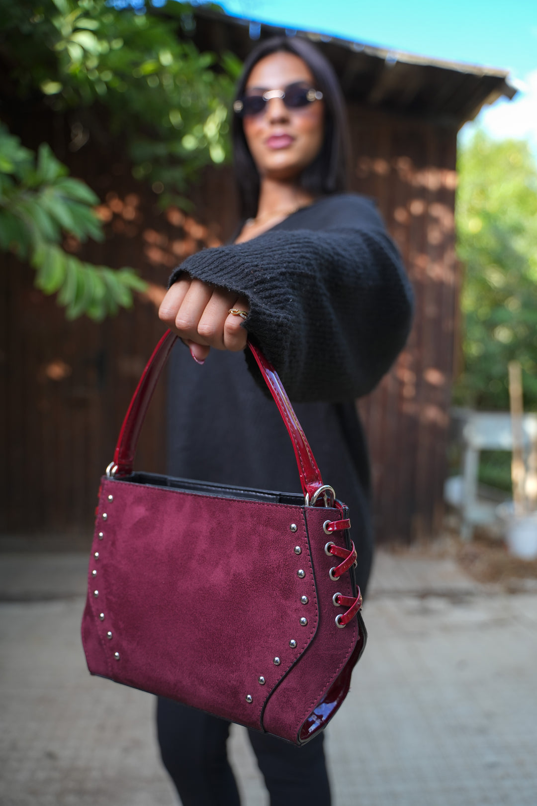 Lace-Up Handle Suede Handbag - Burgundy