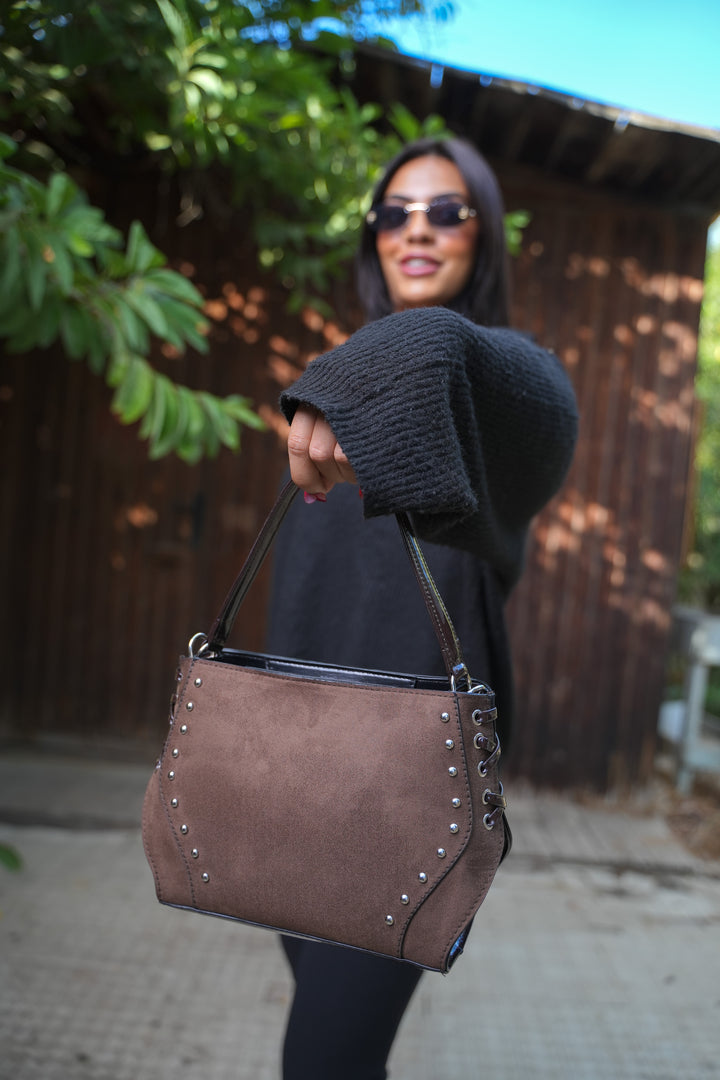 Lace-Up Handle Suede Handbag - Brown